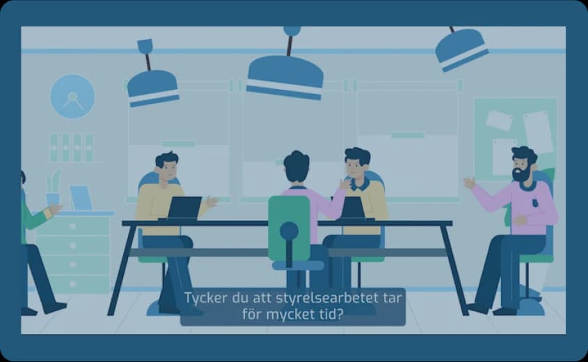 En illustration av en styrelsemöte i en bostadsrättsförening där medlemmar diskuterar effektivitet, med texten "Tycker du att styrelsearbetet tar för mycket tid?" vilket understryker vikten av tidshantering och produktivitet i föreningsarbete.